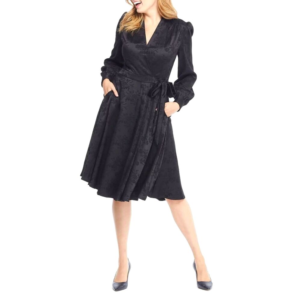 Gal Meets Glam Black Ivy Bouquet Jacquard Wrap Fit & Flare Midi Dress, Sz. 4